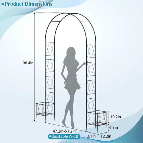 Heavy Duty Metal Garden Arch Trellis With Dual Planter Boxes For Climbing Plants In The Yard dimensions diagram