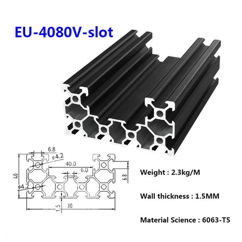 Rock Solid 4080 V Slot Aluminum Extrusion Profile Matte Black Oxidized 500mm Bar showing dimensions and structure for 3D printers.
