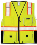 Rock Solid Heavy Duty Reflective Safety Vest Designed For Road Crews And Night Shift Workers Featuring Kickass Ansi Class Two Visibility Cool Airflow Mesh Fabric Six Utility Storage Pockets And Bold Orange Contrast Edging In Extra Large, front view showcasing yellow mesh material and multiple pockets.