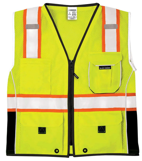 Rock Solid Heavy Duty Reflective Safety Vest Designed For Road Crews And Night Shift Workers Featuring Kickass Ansi Class Two Visibility Cool Airflow Mesh Fabric Six Utility Storage Pockets And Bold Orange Contrast Edging In Extra Large, front view showcasing yellow mesh material and multiple pockets.