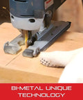 Bi-Metal Unified Shank Jig Saw Blade Kit for metal cutting on wood, 2 inch length with 24 TPI wavy type blade in use