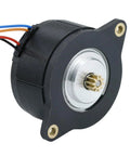 Pancake NEMA 14 stepper motor, 36mm body, black housing, four wires, brass gear on shaft