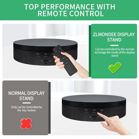 Zlmondee Remote Controlled Motorized Rotating Display Stand Turntable with remote and control buttons for smooth performance.