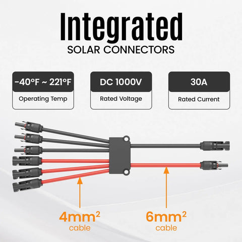 Diagram of Solar Panel Y Branch Connectors Kit For Parallel Wiring with labeled 4mm² and 6mm² cables and specifications.