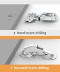 Comparison of cabinet hinges showing pre-drilling required and Soft Close Cabinet Hinges 10 Pack 90 Degree Surface Mount No Pre Drill Quiet Frameless Concealed Kitchen Cupboard Hinges For Easy Install And Smooth Silent Doors with no pre-drilling needed.