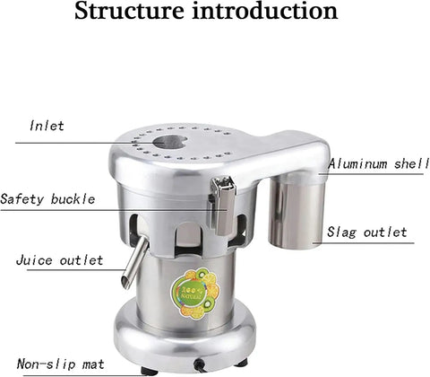 Heavy Duty Commercial Citrus Juicer Machine 370W Electric High Speed Extractor 2800 RPM with aluminum shell and juice outlet.