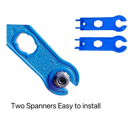 Blue spanners for installing Heavy Duty 100 Ft Solar Extension Cable Set With Black And Red 10 AWG Wire And Six Pairs Solar Connectors.