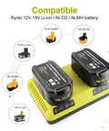 Dual Port 18V Battery Charger For Ryobi Tools That Powers Two Batteries At Once, Compatible P117 P118, Supports LiIon NiCd NiMH