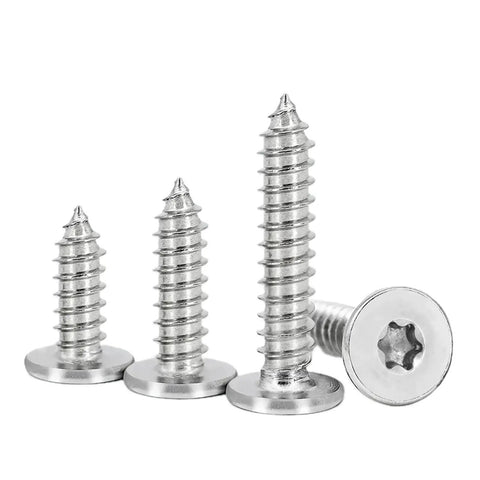 Built Tough Top Shelf Torx Flat Head Self Tapping Screws M4X12 304 Stainless Steel with T10 driver, showing various lengths.