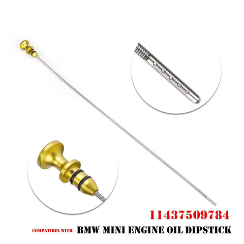 Engine Oil Dipstick With Innovative Oil Level Reading System For Mini Cooper S R52 R53 2002 2008 Clubman Paceman Convertible All Engines OE 11437509784 Easy Fit Accurate Oil Level Check No More Guesswork showing full view and close-ups of yellow handle and reading scale