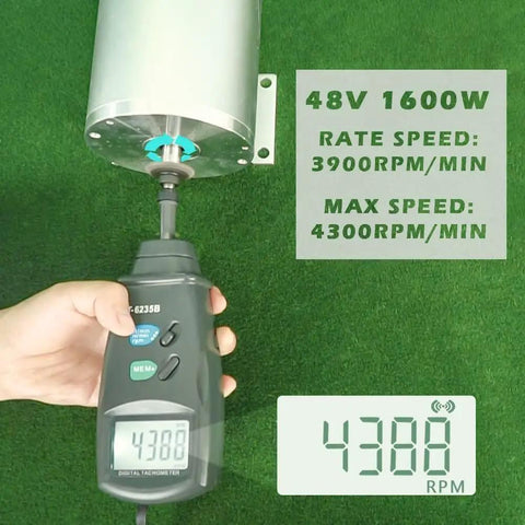 48V 1600W Brushless DC Motor Kit for Go Karts showing max speed of 4308 RPM displayed on a tachometer.