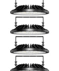 100W UFO LED High Bay Light 10000lm Ultra Bright Warehouse Lighting IP54 6000K Cold White For Garage Factory Workshop Gym Shop Industrial Use 4 Pack Energy Saving Long Life showing black aluminum design stacked