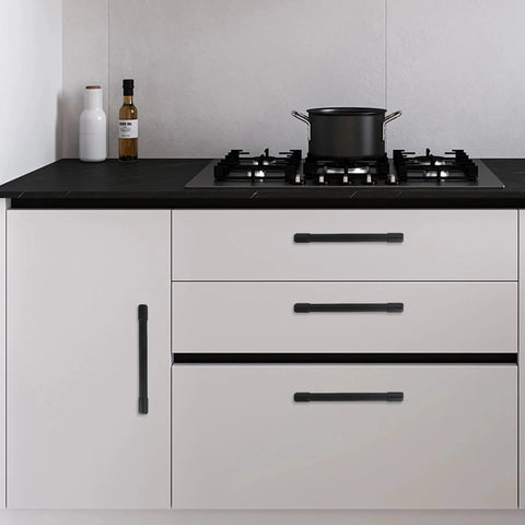 Modern kitchen with 10 Pack 5 Inch Matte Black Cabinet Handles For Kitchen Cabinets And Drawers Alloy Drawer Pulls Solid Cabinet Hardware installed