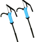 Heavy Duty Hand Siphon Pump 2 Pack for Transferring Thick Liquids Like Motor Oil Without The Sweat Boasts A Slick Quick Fit And Works Right Outta The Box On 5 To 55 Gallon Drums Naturally, blue and black plastic construction.
