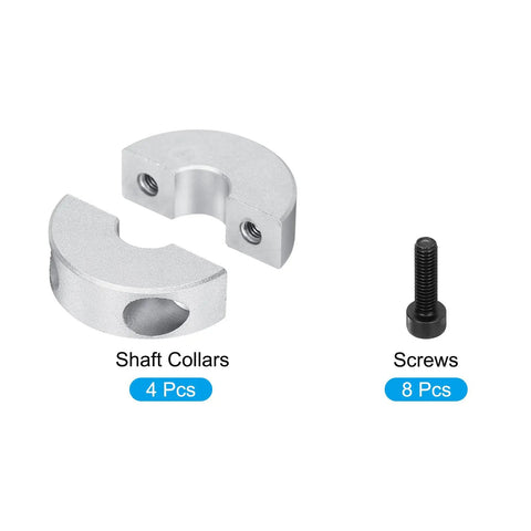 Double Split Aluminum Shaft Collar 8mm Or Five Sixteenth Inch Bore Clamping Collar With Set Screw 4 Pack shown with screws