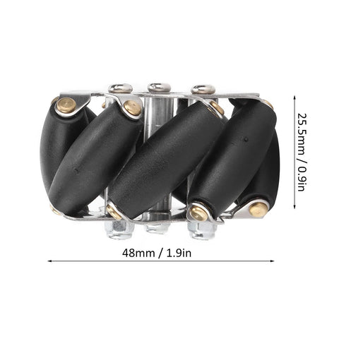 Angled top view of 4pcs 48mm steel mecanum wheels on metal frame for robot car