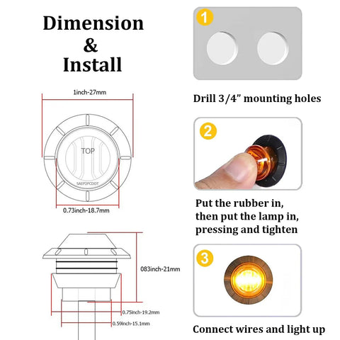 Installation guide for Round Three Quarter Inch LED Clearance Light Go To Universal 12V with dimensions and steps