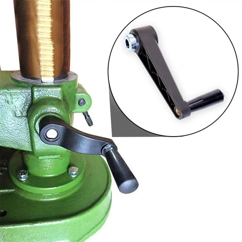 Premium Heavy Duty Drill Press Crank Handle, 14.5mm Shaft, black nylon steel build, mounted on green drill press.