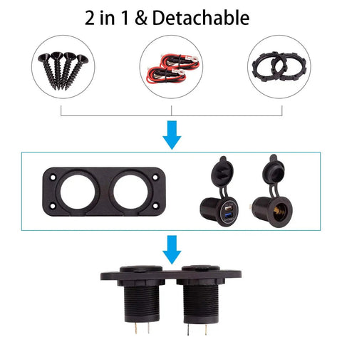 Golf Cart Cigarette Lighter Outlet With Quick Charge 3.0 USB Charger Waterproof 12V Input Power Socket Dual USB Ports Panel Mount Adapter Universal For EZGO Club Car Yamaha Models installation parts including screws, wires, and mounts.