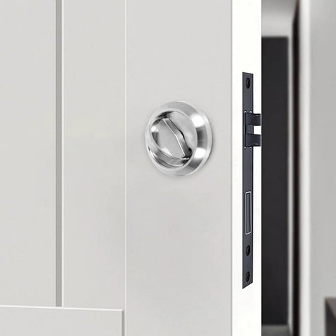 Hidden Recessed Pull Handles For Sliding Barn Doors, stainless steel concealed design on white panel, low-profile view.