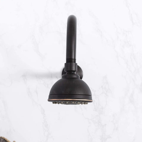 16 Inch Shower Head Extension Arm With High Arc Curve And Hook Design In Oil Rubbed Bronze, attached to shower wall