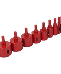 Top Tier 10 Piece Hole Saw Kit For Tile Drilling Professional Drill Bits Set For Glass Ceramic Marble Granite And Wood Sizes 6mm To 50mm Durable Heavy Duty Tool For DIY Pros. red hole saw bits set on white background