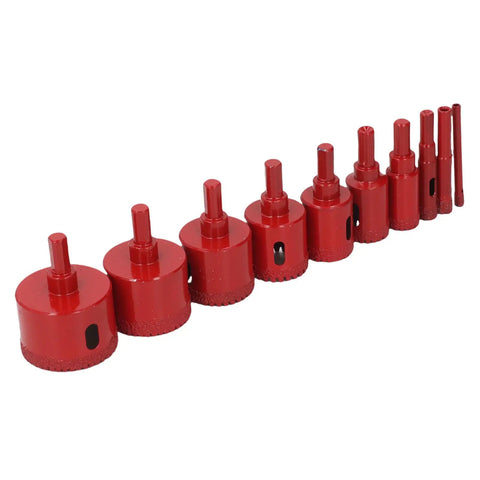 Top Tier 10 Piece Hole Saw Kit For Tile Drilling Professional Drill Bits Set For Glass Ceramic Marble Granite And Wood Sizes 6mm To 50mm Durable Heavy Duty Tool For DIY Pros. red hole saw bits set on white background