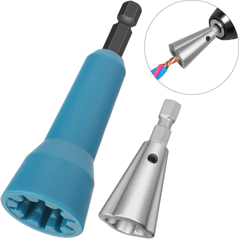 Two Pack Wire Nut Twister Set For Drill Chuck Quarter Inch shown with blue and silver twisters, ideal for DIY wiring tasks.