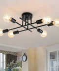 6 Lights Semi Flush Mount Modern Ceiling Light Fixture With Industrial Black Metal Sputnik Chandelier in living room setting