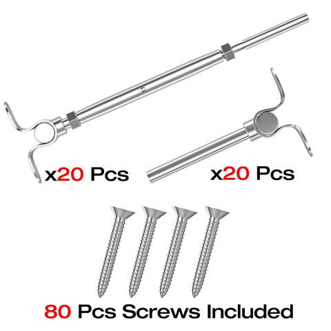 Heavy Duty 3/16 Inch Cable Railing Kit With Swage Toggle Turnbuckles, T316 Stainless Steel For Wood Posts, 20 toggle and deck terminals shown