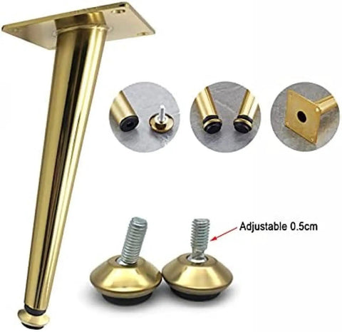 Heavy Duty Adjustable Furniture Legs With Slick Oblique Tapered Design For Couches Tables Desks showing golden tapered leg with adjustable feet.