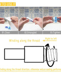 VOTMELL white PTFE plumber's tape, 1/2 in x 520 in, 4-roll package; three-step usage and thread-winding diagram