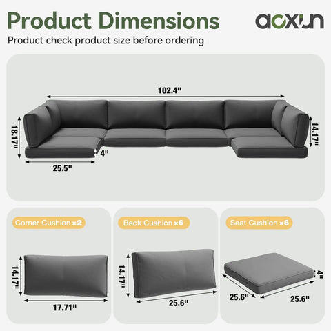 Replacement Outdoor Cushions For Patio Furniture 14 Piece Deep Seat Cushions For 6 Seat Patio Conversation Sets Splash Proof And Fade Resistant Grey Vacuum Packed And Expands To Full 4 Inch Thickness Within 2 Days, showing cushion dimensions and layout.