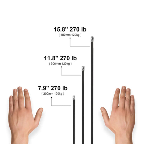 Hands measuring Heavy Duty Stainless Steel Zip Ties 125 Pcs 11.8 Inch Flexible Locking Cable Ties For Exhaust Wrap