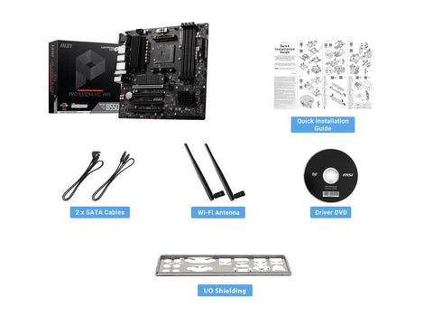 B550M-VC Pro Series Micro ATX motherboard with accessories including WiFi antenna, SATA cables, I/O shield, driver DVD, manual