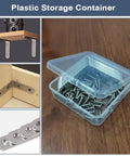 Tough As Nails Six Piece Stainless Steel L Brackets Corner Brace 90 Degree Shelf Support For Wood Projects Heavy Duty Right Angle Connectors With Screws Rust Proof Finish stored in a clear plastic container with screws.