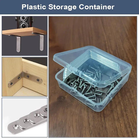 Tough As Nails Six Piece Stainless Steel L Brackets Corner Brace 90 Degree Shelf Support For Wood Projects Heavy Duty Right Angle Connectors With Screws Rust Proof Finish stored in a clear plastic container with screws.
