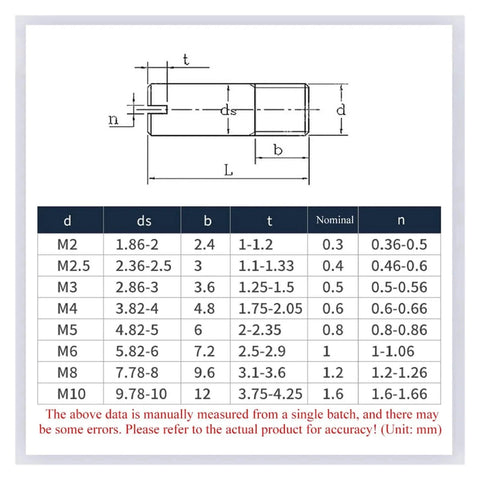 Diagram and table of Stainless Steel Slotted Cylindrical Pin Dowel Set, 5 Pcs, Threaded Male Locating Pins M2 To M8, 14mm Diameter, 5 To 50mm Length, 304 Grade.