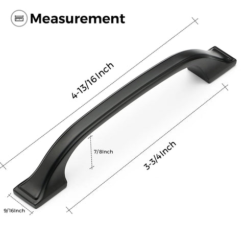 Three Pack Matte Black Cabinet Pulls Three And Three Quarters Inch Modern Arch Handles with measurement dimensions shown.