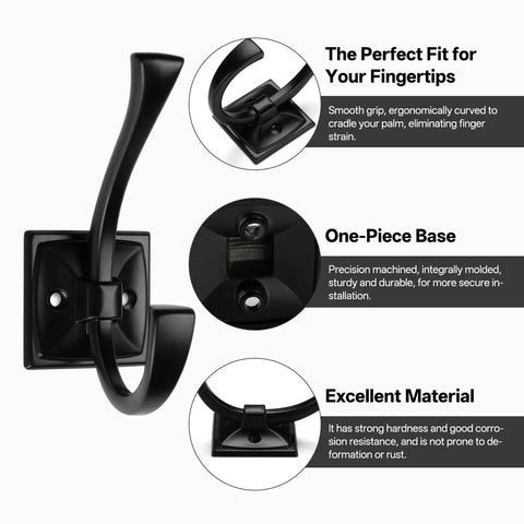 5 Pack Square Coat Hooks Wall Mounted Towel Hooks Shower Hooks For Bathroom Heavy Duty Double Hooks Black Finish Keep Your Space Clutter Free With Strong Durable Hangers For Coats Bags Hats And Robes, black hook close-up