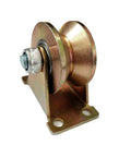 Steel V-groove caster wheel on mounting plate, yellow zinc finish, bolt and nut visible (installed view)