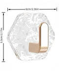 Hella Strong 10 Pcs White Hexagonal Water Ripple Self Adhesive Wall Hooks display showing a white hexagon hook with gold accent, dimensions labeled.