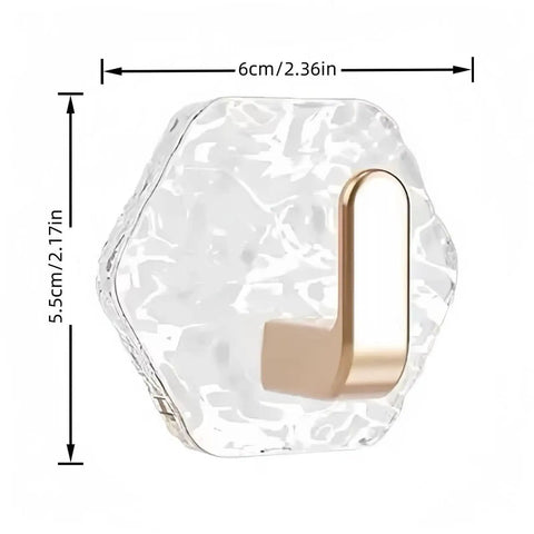 Hella Strong 10 Pcs White Hexagonal Water Ripple Self Adhesive Wall Hooks display showing a white hexagon hook with gold accent, dimensions labeled.