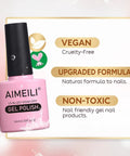Pink Aimeili gel polish bottle with text highlighting vegan, cruelty-free, upgraded formula from Two Piece Black And White Gel Nail Polish Kit For Soak Off UV LED Nails, Hema Free Cruelty Free Vegan, Nail Art Starter Manicure Set For Everyday Wear
