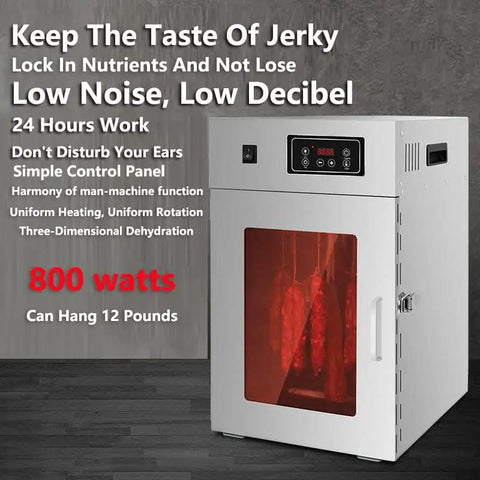 Rotary Meat Dryer And Commercial Food Dehydrator With 24 Hour Digital Timer For Sausage Bacon Chicken Jerky And Beef rustproof stainless steel design with digital control panel and hanging meats.