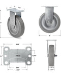 Heavy Hitter Grade Rubber Caster Wheels 5 Inch Industrial Casters Set Of 4 with dimensions for swivel and rigid options.