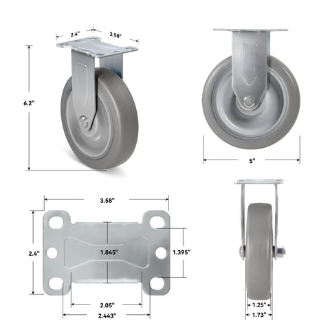 Heavy Hitter Grade Rubber Caster Wheels 5 Inch Industrial Casters Set Of 4 with dimensions for swivel and rigid options.
