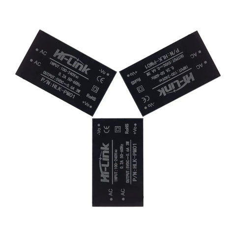 Plug And Play Mini Step-Down Power Supply HLK PM01 Isolated AC-DC Converter 220V To 5V Three Pack shown in triangular formation