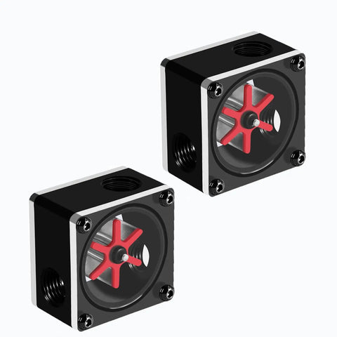 Two three way flow meter indicators for PC water cooling with G1/4 threads, acetal square body, shown against a white background.