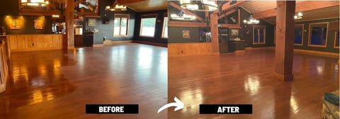 Before and after comparison of polished concrete floor using Real Deal Floor Sealer And Epoxy Topcoat That Refreshes And Beautifies Polished Concrete With A Knockout Flake Coating Built For Gritty Warehouse Jobs One Gallon Jug.